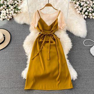 Inset Short Sleeve A-line Slipdress With Sash