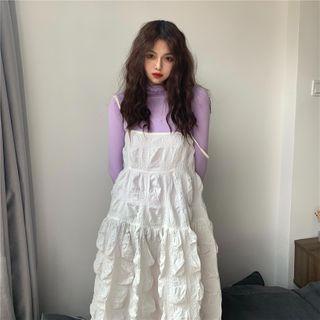 Long-sleeve Plain Top / Spaghetti-strap Layered Pleated Dress
