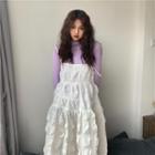 Long-sleeve Plain Top / Spaghetti-strap Layered Pleated Dress