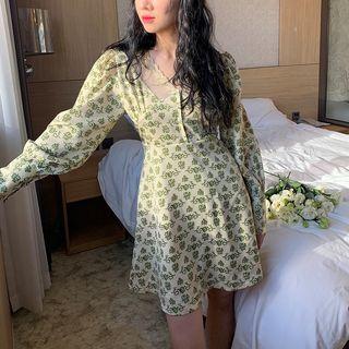 Printed Lace Trim Long-sleeve Mini A-line Dress