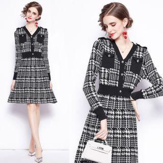 Long-sleeve Houndstooth Tweed A-line Dress