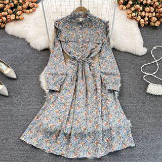 Frilled Floral Print Tie Waist Dress