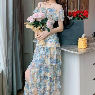Cold-shoulder Floral Layered Midi A-line Dress