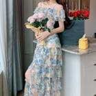 Cold-shoulder Floral Layered Midi A-line Dress