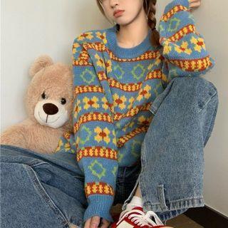 Round Neck Pattern Sweater Blue - One Size