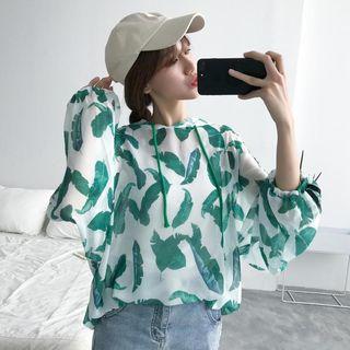 Print Loose-fit Chiffon Long-sleeve Hooded Top