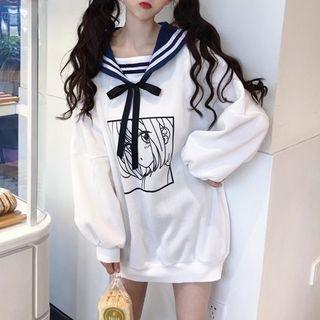 Cartoon Print Sailor Collar Sweatshirt White - One Size