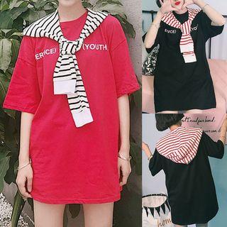 Set: Lettering Elbow-sleeve Long T-shirt + Striped Hooded Shawl