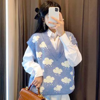 V-neck Rain Cloud Print Vest Blue & White - One Size