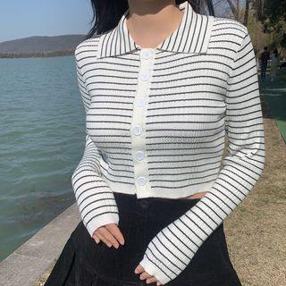 Collar Striped Button-up Knit Top