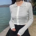 Collar Striped Button-up Knit Top