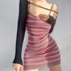 Spaghetti-strap Striped Mini Bodycon Dress / Shrug