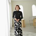 Floral Print Knit Midi Skirt Black - One Size