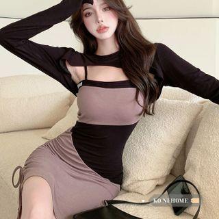 Long-sleeve Crop Top / Spaghetti Strap Two-tone Drawstring Bodycon Dress