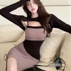 Long-sleeve Crop Top / Spaghetti Strap Two-tone Drawstring Bodycon Dress