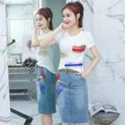 Set: Applique Short Sleeve T-shirt + Straight Cut Denim Skirt