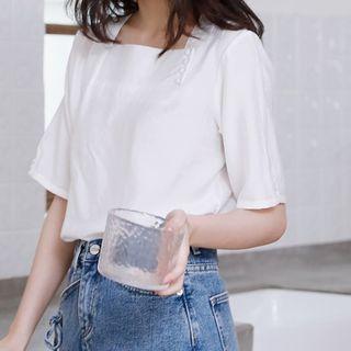 Square-neck Short-sleeve Chiffon Top White - One Size