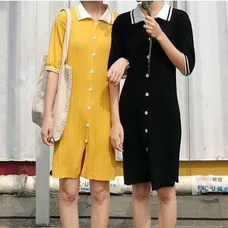 Elbow-sleeve Collared Buttoned Knit Dress