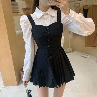 Long-sleeve Blouse / Pleated Mini A-line Pinafore Dress