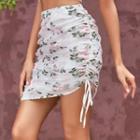 Drawstring-hem Floral Embroidered Mesh Mini Skirt