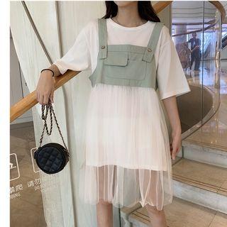 Elbow-sleeve T-shirt Dress / Strappy Sheer Dress