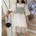Elbow-sleeve T-shirt Dress / Strappy Sheer Dress