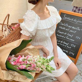 Puff-sleeve Square-neck Ruffle Tie-accent Cutout Dress