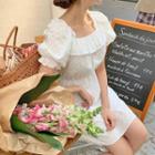 Puff-sleeve Square-neck Ruffle Tie-accent Cutout Dress