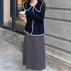 Contrast Trim Cardigan / Dotted Midi A-line Skirt