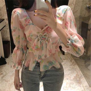Floral Print Faux Pearl Heart Chiffon Blouse