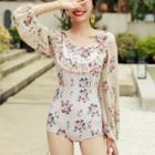 Long-sleeve Floral Ruffled Swimsuit