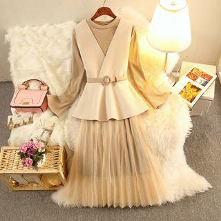 Set: V-neck Knit Vest + Mesh Panel Long-sleeve Midi Dress