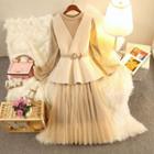 Set: V-neck Knit Vest + Mesh Panel Long-sleeve Midi Dress