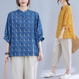Puff-sleeve Patterned Blouse / Harem Pants / Set