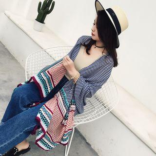 Patterned Tassel Sun Protection Scarf Navy Blue - One Size