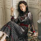 Floral Lace Trim Long-sleeve Midi A-line Dress