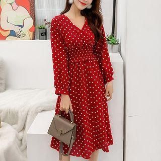 Dotted V-neck Long Sleeve Dress