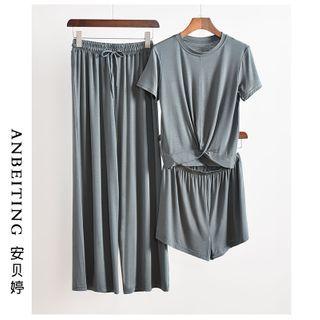Loungewear Set: Twist Short-sleeve T-shirt + Shorts + Wide-leg Pants