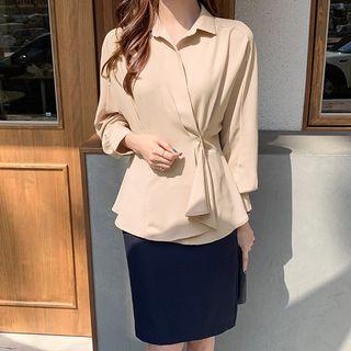 Bishop-sleeve Peplum Wrap Blouse