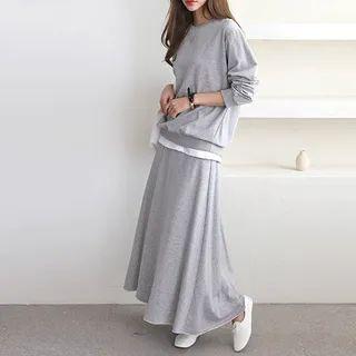 Set: Layered-hem Sweatshirt + Flared Maxi Skirt