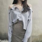 Cold-shoulder Shirt Gray - One Size