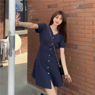 Short-sleeve Single Breasted Plain Dress Navy Blue - One Size