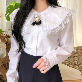 Sailor-collar Lace-trim Blouse White - One Size