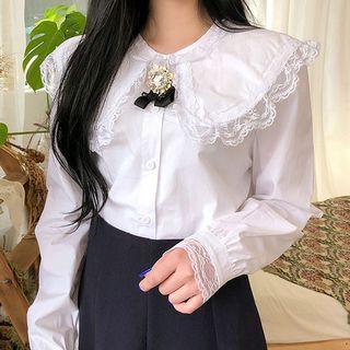 Sailor-collar Lace-trim Blouse White - One Size