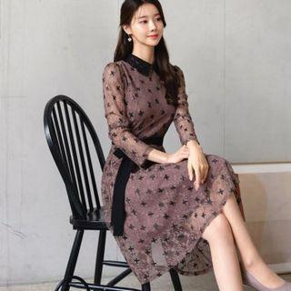 Contrast-collar Floral Embroidered Dress With Sash