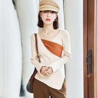 Long-sleeve Asymmetric Two-tone Crisscross Knit Top
