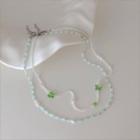 Flower Butterfly Faux Crystal Faux Pearl Layered Necklace White & Green - One Size