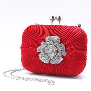 Rhinestone Flower-accent Pleated Clutch Red - One Size