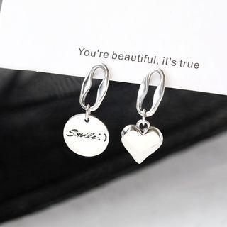 Non-matching 925 Sterling Silver Heart & Smiley Disc Dangle Earring 1 Pair - Earrings - Smile - Love Heart - One Size