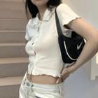 Short-sleeve Collar Cropped T-shirt White - One Size